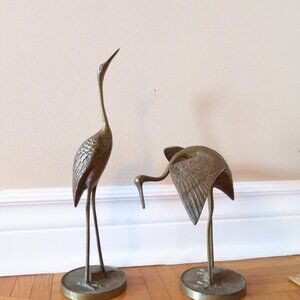Two 1960s Solid Brass Crane Birds Ornaments Decorations / Vintage Mid-Century De